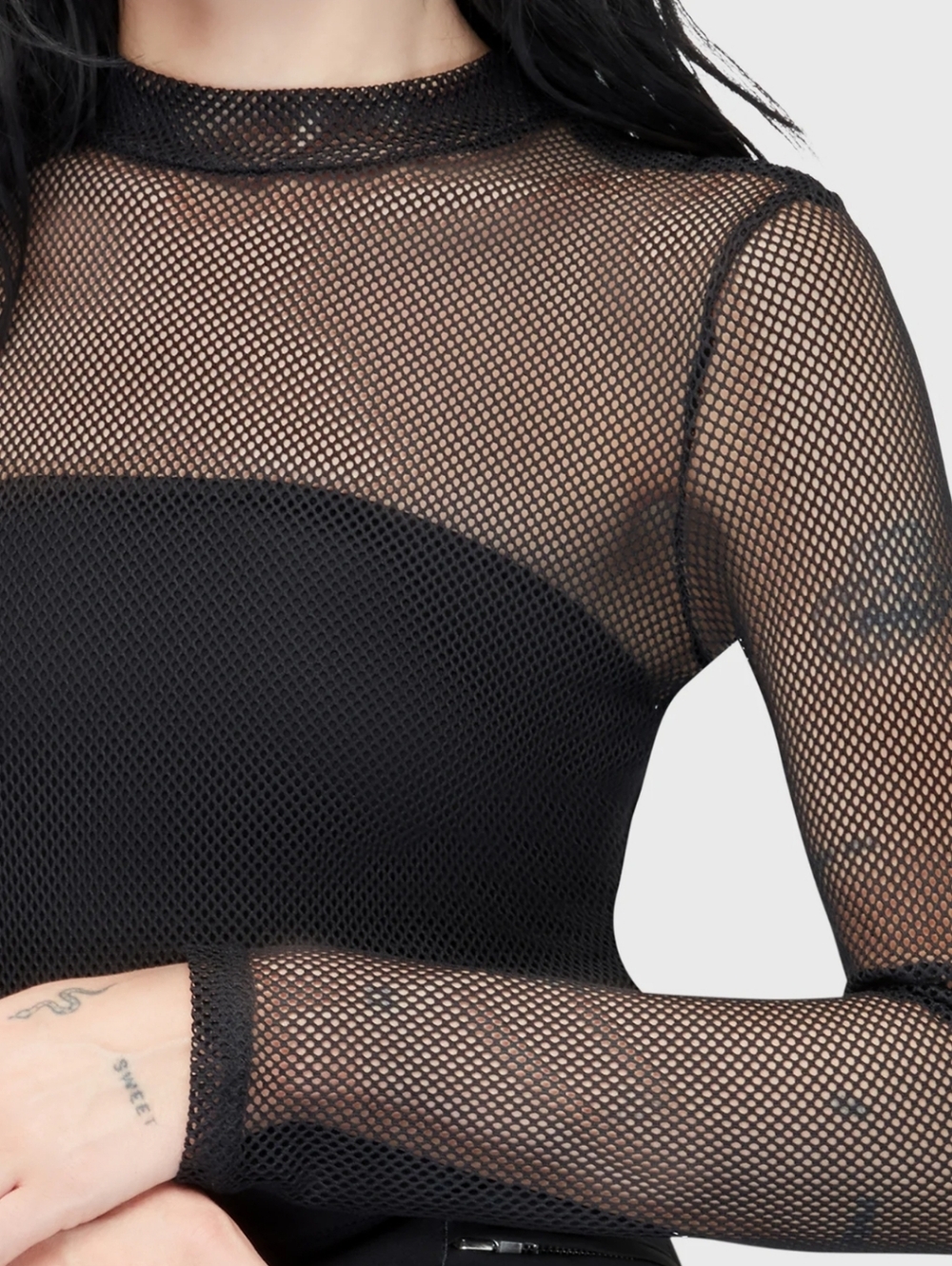 Killstar Black Sheer Fishnet Long-Sleeve Crop Top